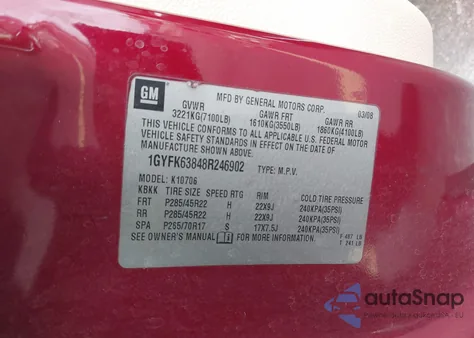 2008 Cadillac Escalade Standard z USA, uszkodzony, nr VIN 1GYFK63848R246902